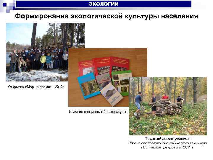 ЭКОЛОГИИ Формирование экологической культуры населения Открытие «Марша парков – 2010» Издание специальной литературы Трудовой