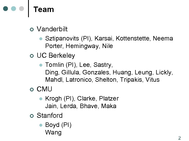 Team ¢ Vanderbilt l ¢ UC Berkeley l ¢ Tomlin (PI), Lee, Sastry, Ding,