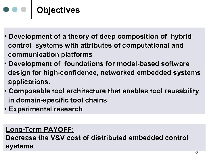 Objectives • Development of a theory of deep composition of hybrid control systems with