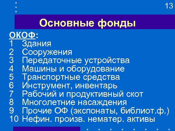 13 Основные фонды ОКОФ: 1 Здания 2 Сооружения 3 Передаточные устройства 4 Машины и