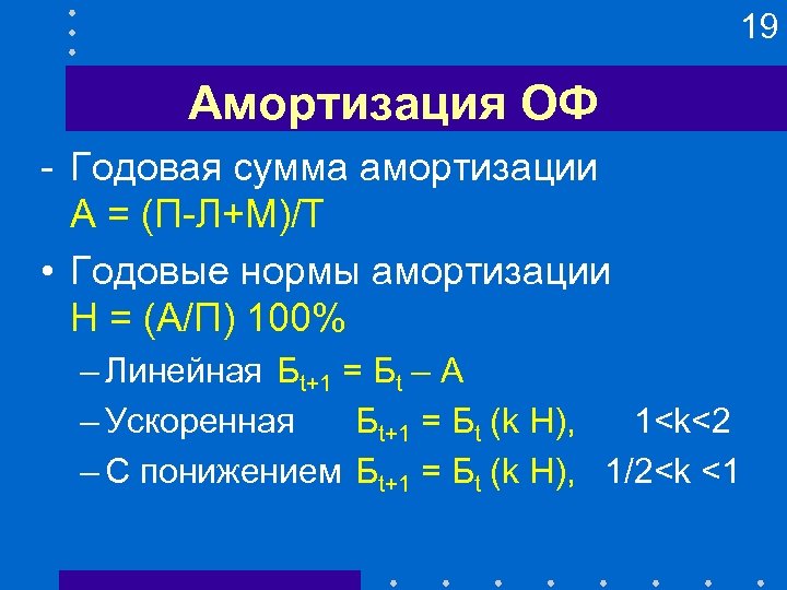 19 Амортизация ОФ - Годовая сумма амортизации А = (П-Л+М)/Т • Годовые нормы амортизации