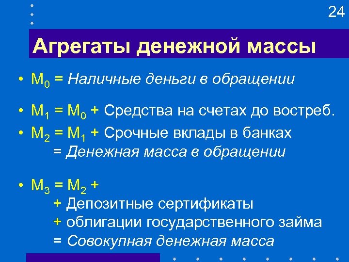 24 Агрегаты денежной массы • M 0 = Наличные деньги в обращении • M