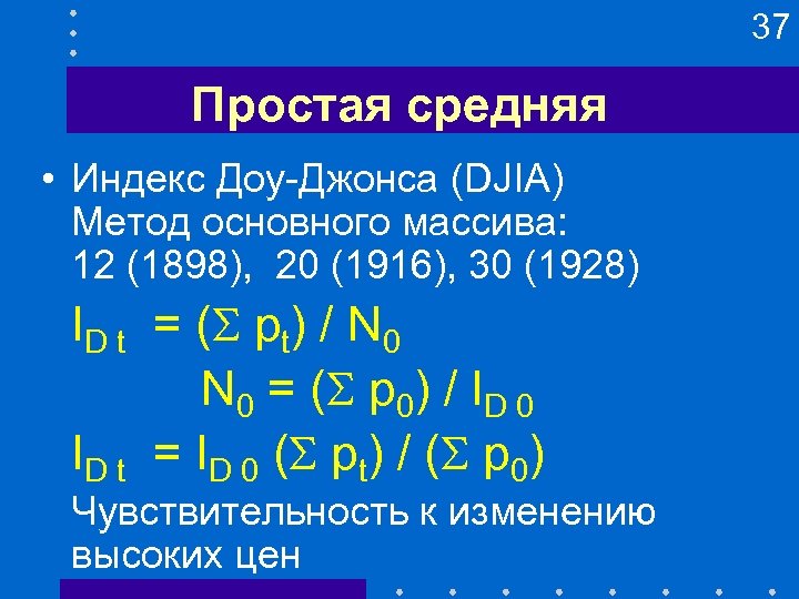 37 Простая средняя • Индекс Доу-Джонса (DJIA) Метод основного массива: 12 (1898), 20 (1916),