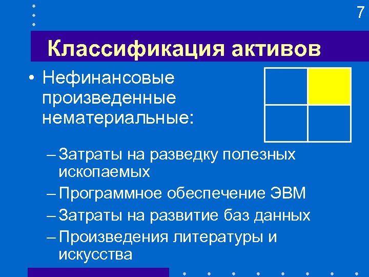 7 Классификация активов • Нефинансовые произведенные нематериальные: – Затраты на разведку полезных ископаемых –