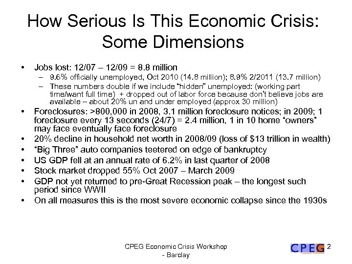 How Serious Is This Economic Crisis: Some Dimensions • Jobs lost: 12/07 – 12/09