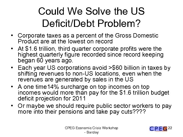 Could We Solve the US Deficit/Debt Problem? • Corporate taxes as a percent of