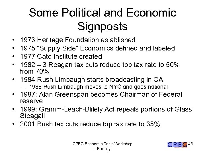 Some Political and Economic Signposts • • 1973 Heritage Foundation established 1975 “Supply Side”