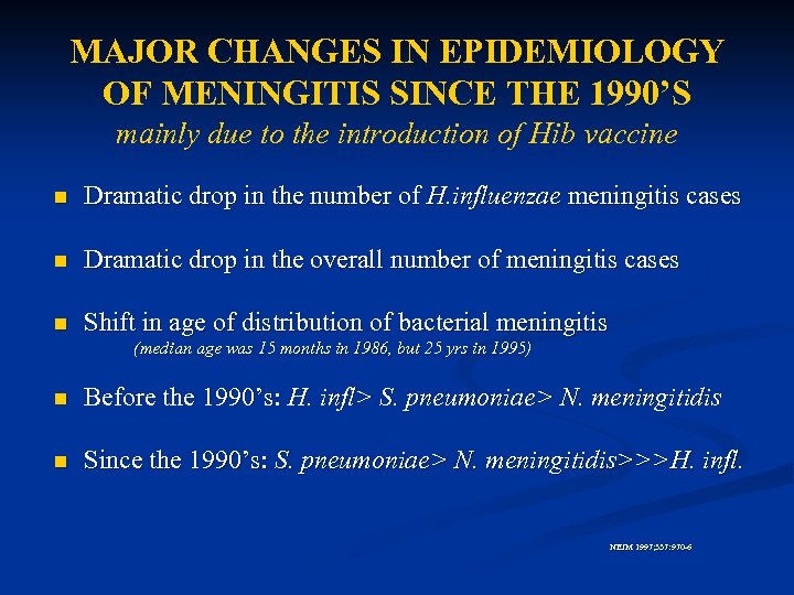 MAJOR CHANGES IN EPIDEMIOLOGY OF MENINGITIS SINCE THE 1990’S mainly due to the introduction