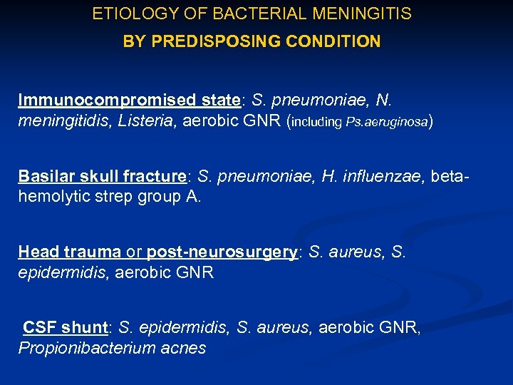 ETIOLOGY OF BACTERIAL MENINGITIS BY PREDISPOSING CONDITION Immunocompromised state: S. pneumoniae, N. meningitidis, Listeria,
