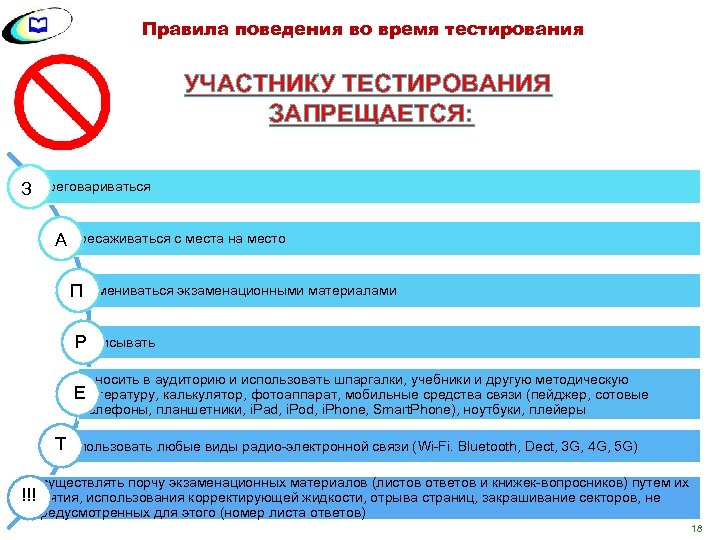 Правила поведения во время тестирования УЧАСТНИКУ ТЕСТИРОВАНИЯ ЗАПРЕЩАЕТСЯ: З переговариваться Апересаживаться с места на