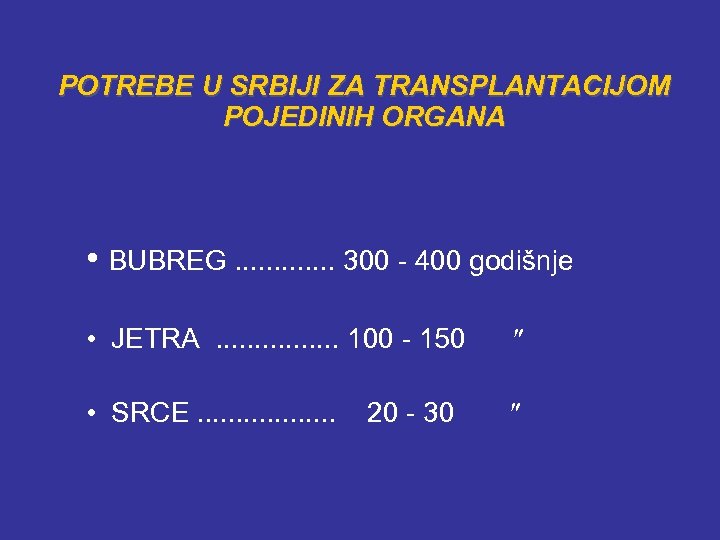 POTREBE U SRBIJI ZA TRANSPLANTACIJOM POJEDINIH ORGANA • BUBREG. . . 300 - 400