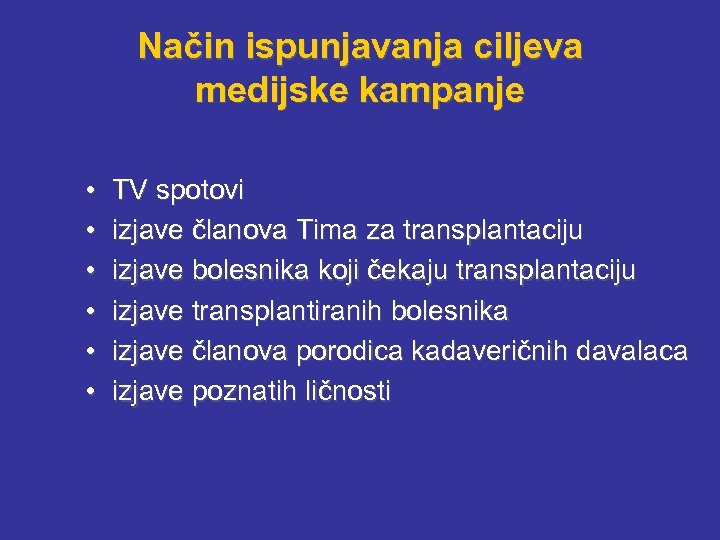 Način ispunjavanja ciljeva medijske kampanje • • • TV spotovi izjave članova Tima za
