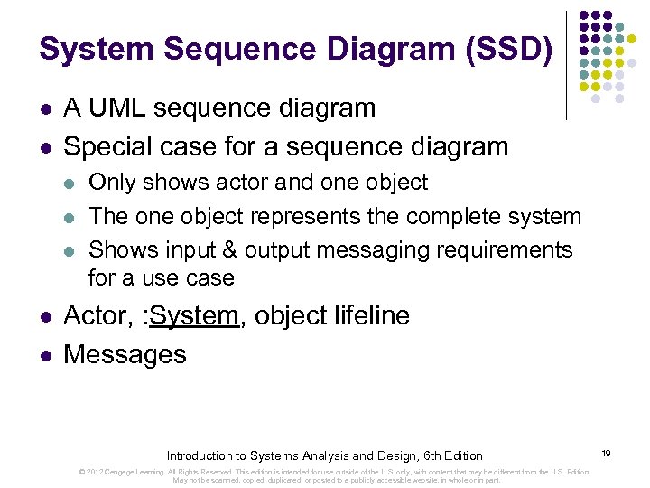 System Sequence Diagram (SSD) l l A UML sequence diagram Special case for a