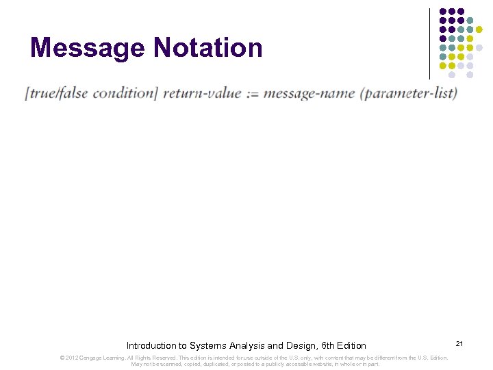 Message Notation Introduction to Systems Analysis and Design, 6 th Edition © 2012 Cengage