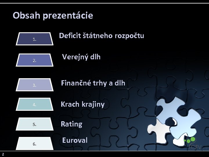 Obsah prezentácie 1. Deficit štátneho rozpočtu 2. Verejný dlh 3. Finančné trhy a dlh