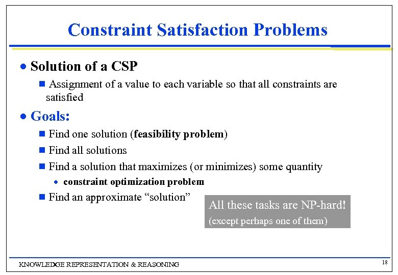 Constraint Satisfaction Problems n Solution of a CSP g Assignment of a value to