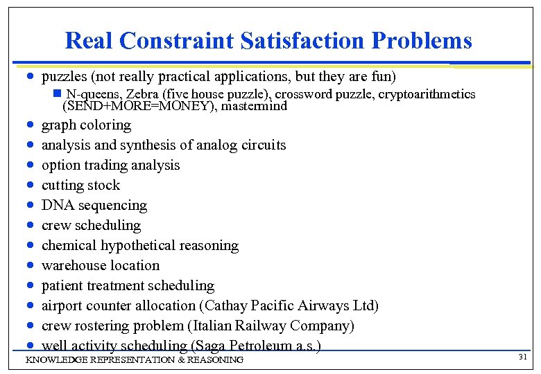 Real Constraint Satisfaction Problems n puzzles (not really practical applications, but they are fun)