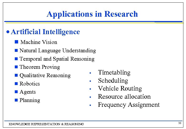 Applications in Research n Artificial Intelligence g Machine Vision g Natural Language Understanding g