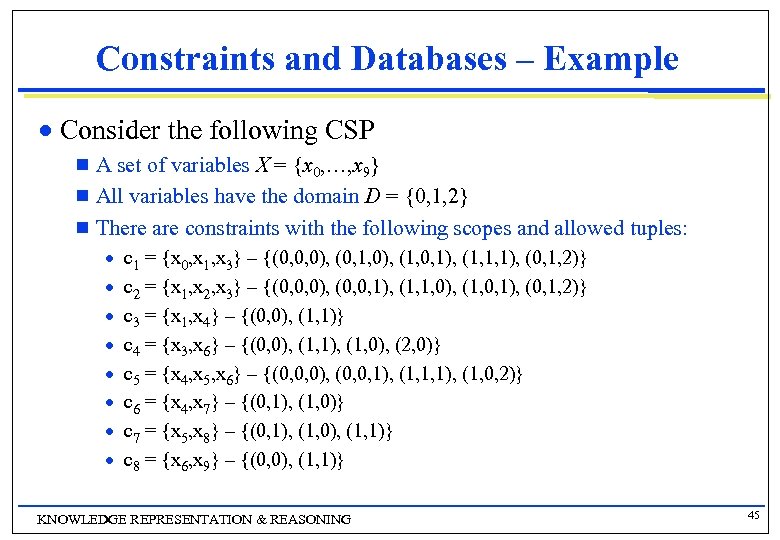 Constraints and Databases – Example n Consider the following CSP g A set of