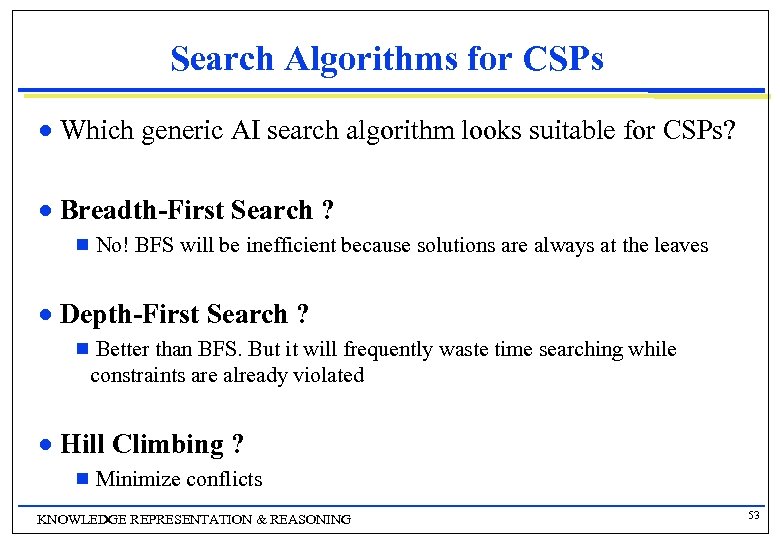 Search Algorithms for CSPs n Which generic AI search algorithm looks suitable for CSPs?