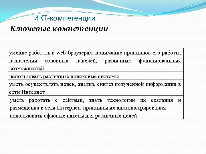 ИКТ-компетенции Ключевые компетенции умение работать в web-браузерах, понимание принципов его работы, назначения основных панелей,