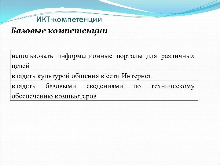 ИКТ-компетенции Базовые компетенции использовать информационные порталы для различных целей владеть культурой общения в сети