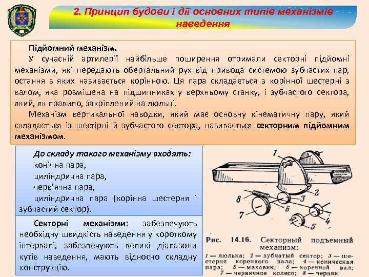 2. Принцип будови і дії основних типів механізмів наведення Підйомний механізм. У сучасній артилерії