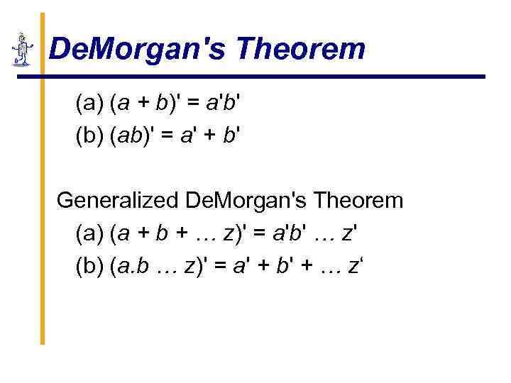 De. Morgan's Theorem (a) (a + b)' = a'b' (b) (ab)' = a' +