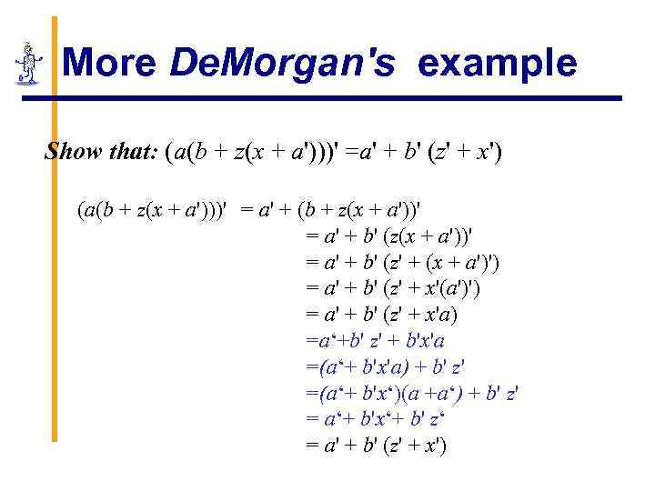 More De. Morgan's example Show that: (a(b + z(x + a')))' =a' + b'