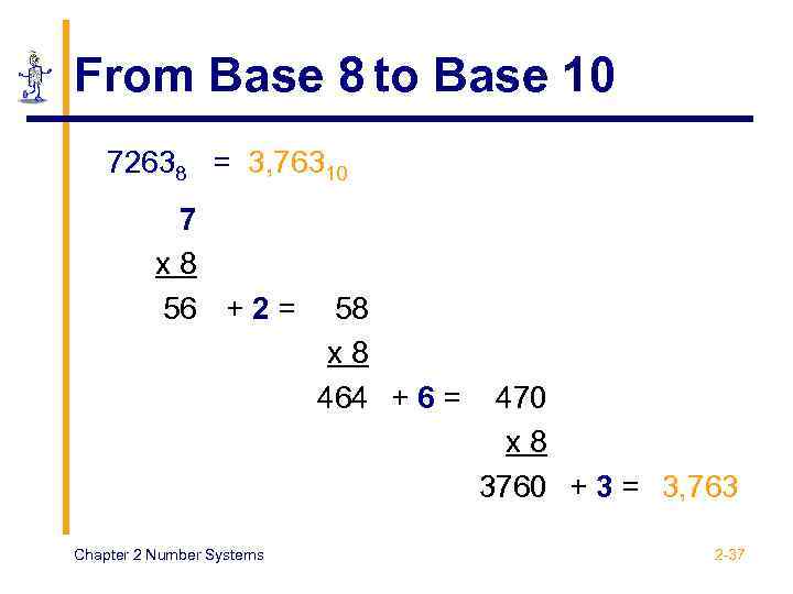 From Base 8 to Base 10 72638 = 3, 76310 7 x 8 56