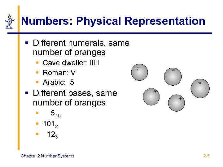 Numbers: Physical Representation § Different numerals, same number of oranges § Cave dweller: IIIII