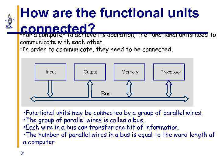 How are the functional units connected? • For a computer to achieve its operation,