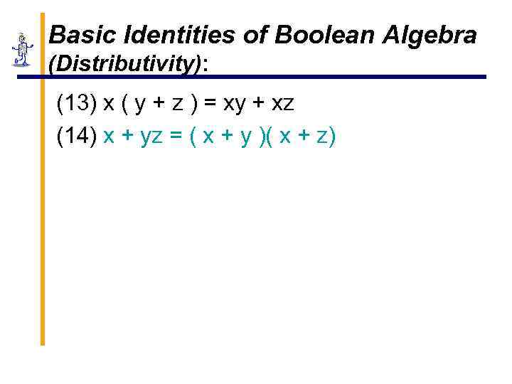 Basic Identities of Boolean Algebra (Distributivity): (13) x ( y + z ) =