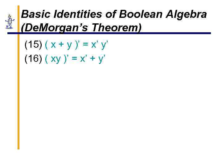 Basic Identities of Boolean Algebra (De. Morgan’s Theorem) (15) ( x + y )’