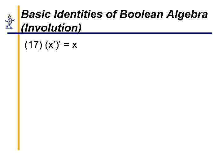 Basic Identities of Boolean Algebra (Involution) (17) (x’)’ = x 