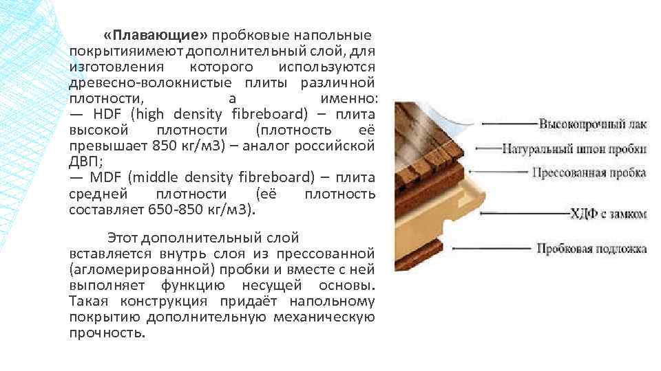  «Плавающие» пробковые напольные покрытияимеют дополнительный слой, для изготовления которого используются древесно-волокнистые плиты различной