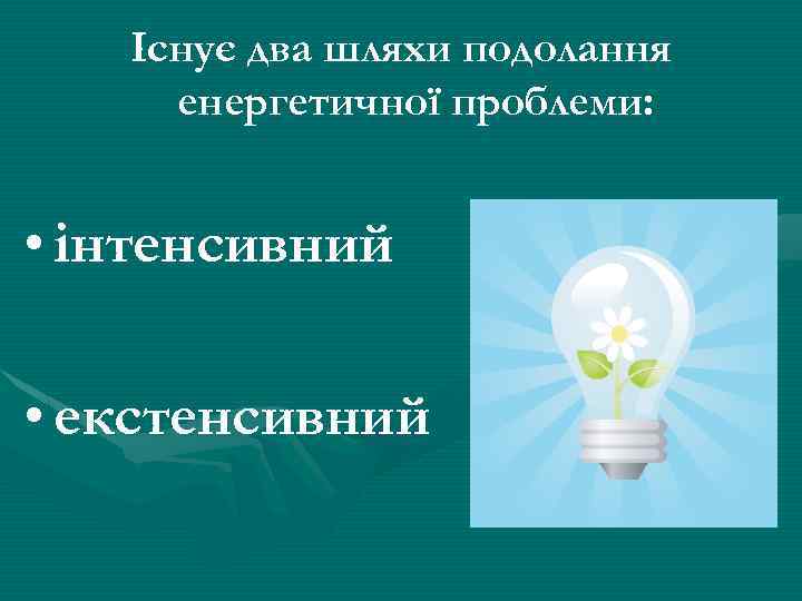 Існує два шляхи подолання енергетичної проблеми: • інтенсивний • екстенсивний 