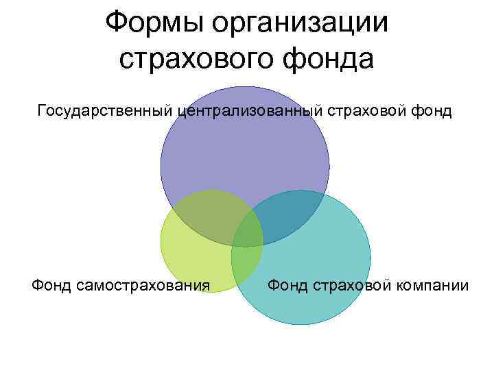 Формы организации страхового фонда Государственный централизованный страховой фонд Фонд самострахования Фонд страховой компании 