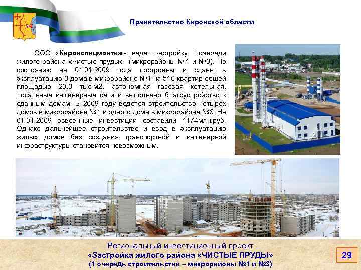 Правительство Кировской области ООО «Кировспецмонтаж» ведет застройку I очереди жилого района «Чистые пруды» (микрорайоны