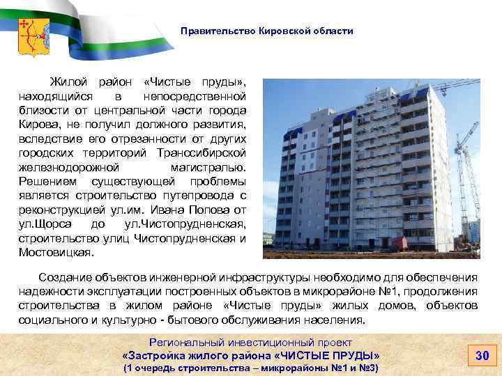 Правительство Кировской области Жилой район «Чистые пруды» , находящийся в непосредственной близости от центральной