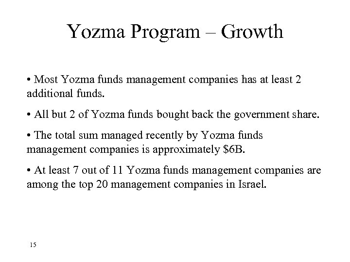 Yozma Program – Growth • Most Yozma funds management companies has at least 2
