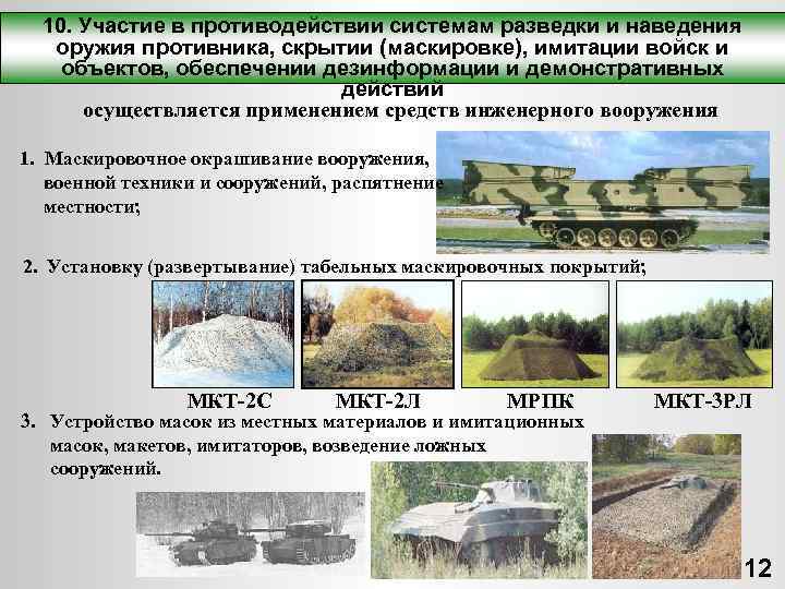 10. Участие в противодействии системам разведки и наведения оружия противника, скрытии (маскировке), имитации войск