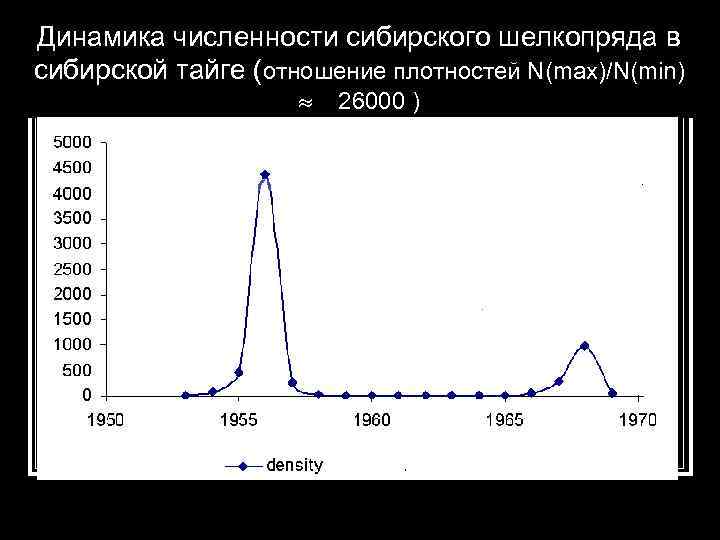 Динамика численности сибирского шелкопряда в сибирской тайге (отношение плотностей N(max)/N(min) 26000 ) 