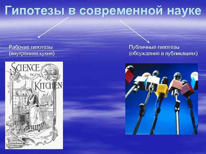 Гипотезы в современной науке Рабочие гипотезы (внутренняя кухня) Публичные гипотезы (обсуждение в публикациях) 