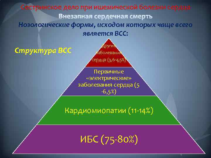 Сестринское дело при ишемической болезни сердца Нозологические формы, исходом которых чаще всего является ВСС: