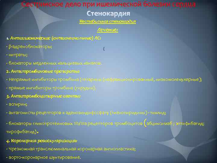 Сестринское дело при ишемической болезни сердца Нестабильная стенокардия Лечение: . Антиишемические (антиангинальные) ЛС: -