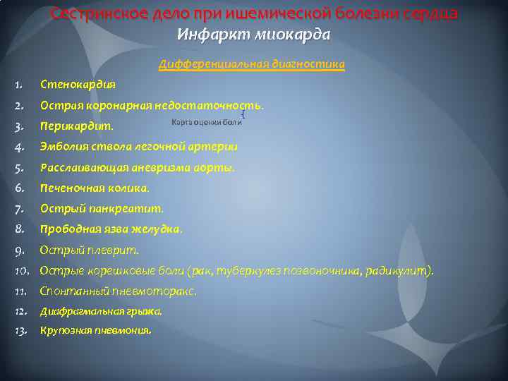 Сестринское дело при ишемической болезни сердца Инфаркт миокарда Дифференциальная диагностика 1. Стенокардия 2. Острая