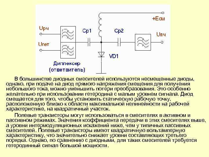 В большинстве диодных смесителей используются несмещенные диоды, однако, при подаче на диод прямого напряжения