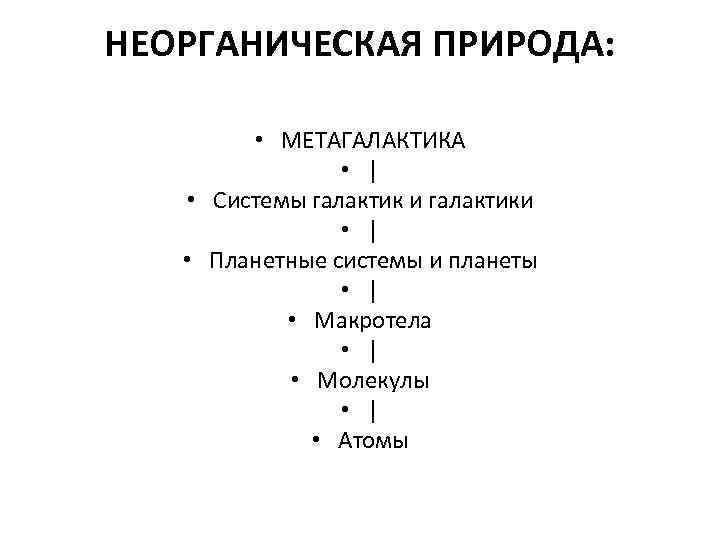 НЕОРГАНИЧЕСКАЯ ПРИРОДА: • МЕТАГАЛАКТИКА • │ • Системы галактик и галактики • │ •