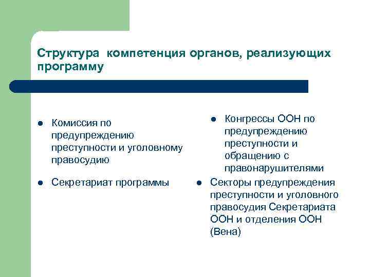 Структура компетенция органов, реализующих программу l l Секретариат программы Конгрессы ООН по предупреждению преступности